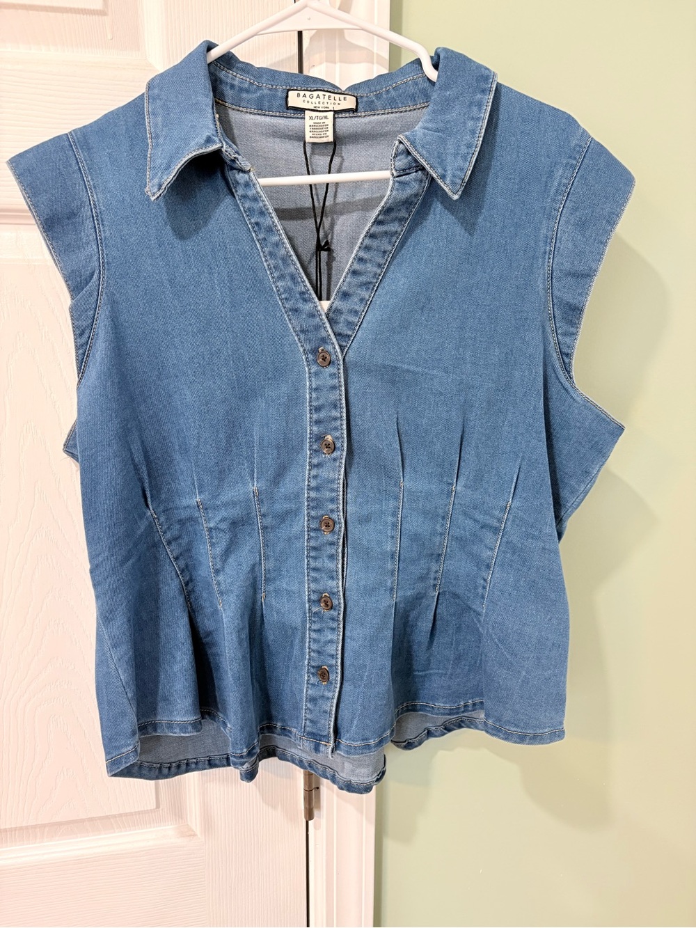 bagatelle Medium Wash Denim Sleeveless Button-Down Top